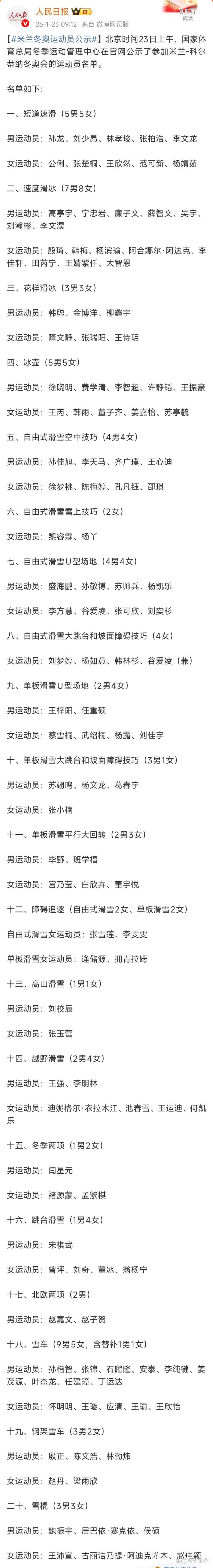 米兰冬奥会中国参赛运动员名单公示